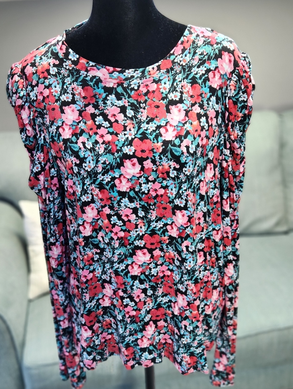 Maison d'Amelie Floral Long-Sleeve Women’s Knit Jersey Top — Pink & Black XL